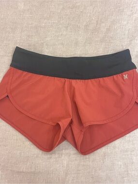 Hurley Women's Coral-Red Athletic Shorts with Black Waistband